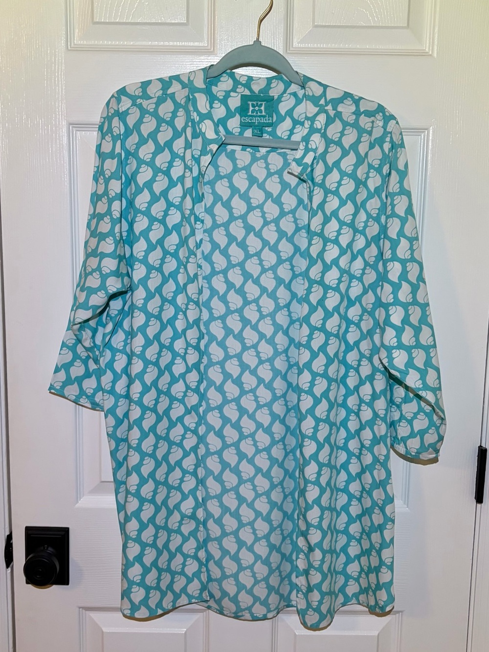 Escapada Teal & White Seashell Patterned Lightweight Open Front Duster XL